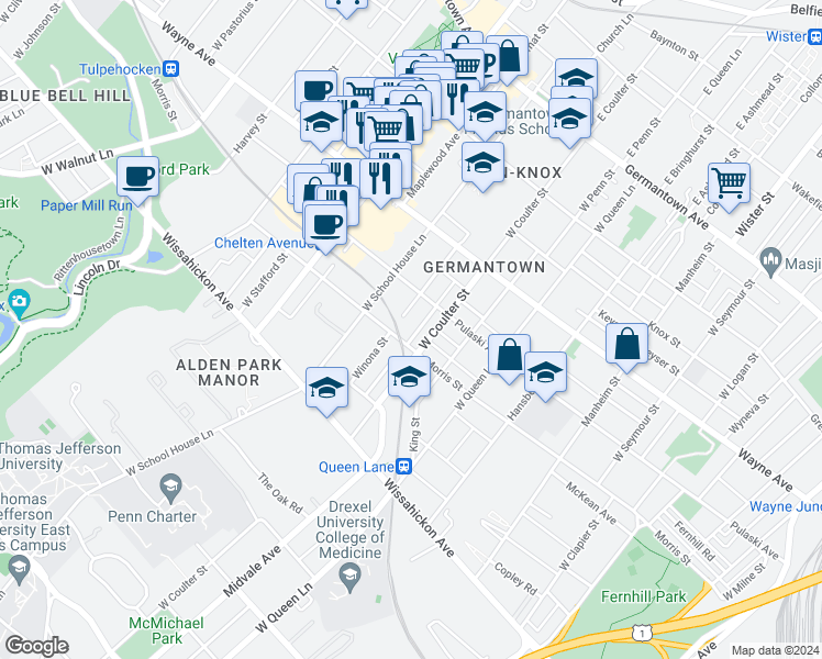 map of restaurants, bars, coffee shops, grocery stores, and more near 325 Earlham Terrace in Philadelphia