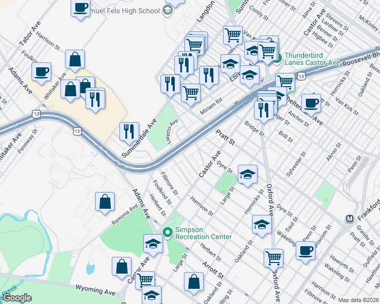 map of restaurants, bars, coffee shops, grocery stores, and more near 5009 Roosevelt Boulevard in Philadelphia