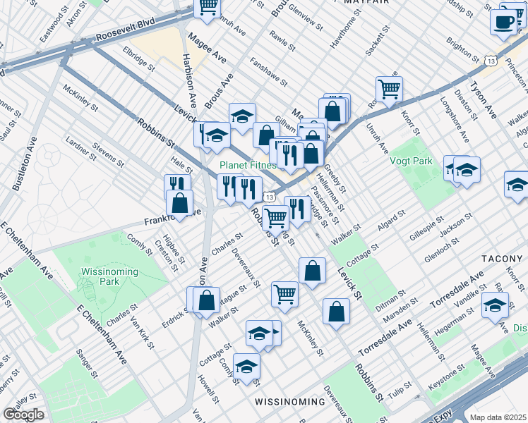 map of restaurants, bars, coffee shops, grocery stores, and more near 4021 Stirling Street in Philadelphia