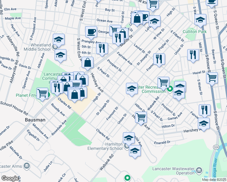 map of restaurants, bars, coffee shops, grocery stores, and more near 1037 Saint Joseph Street in Lancaster