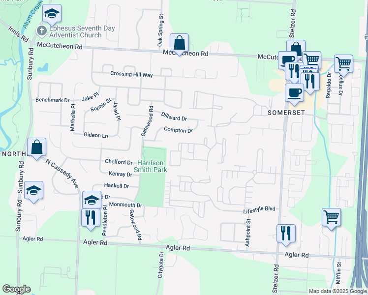 map of restaurants, bars, coffee shops, grocery stores, and more near 222 Balsam Lake Drive in Columbus