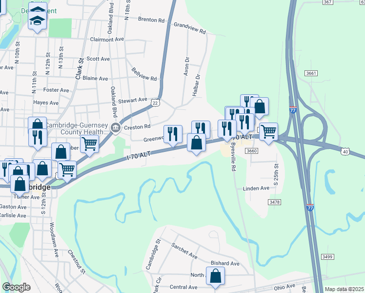 map of restaurants, bars, coffee shops, grocery stores, and more near 1977 E Wheeling Ave in Cambridge