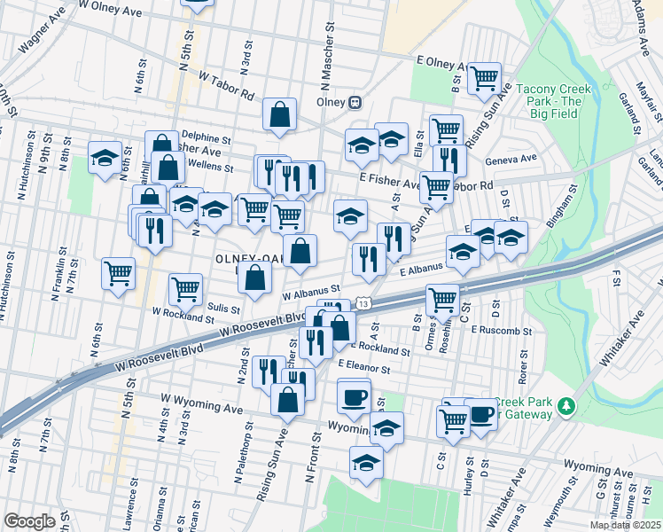 map of restaurants, bars, coffee shops, grocery stores, and more near 120 West Ashdale Street in Philadelphia