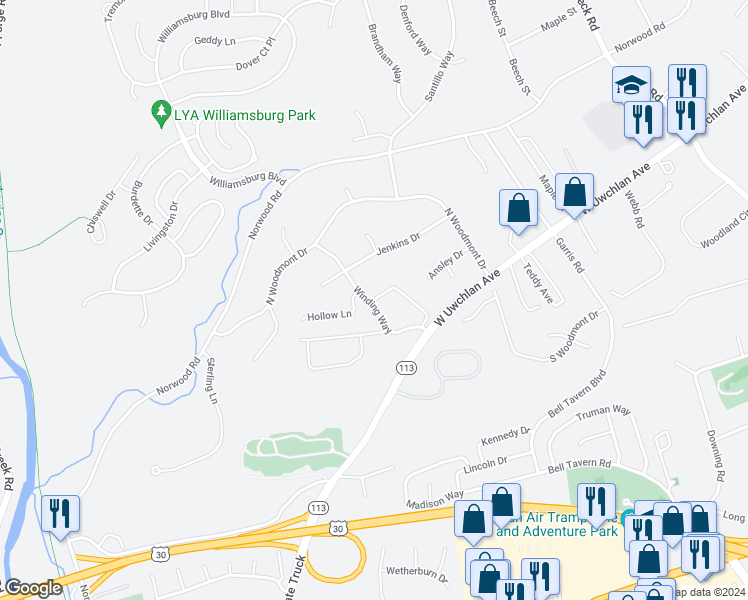 map of restaurants, bars, coffee shops, grocery stores, and more near 400 Winding Way in Downingtown