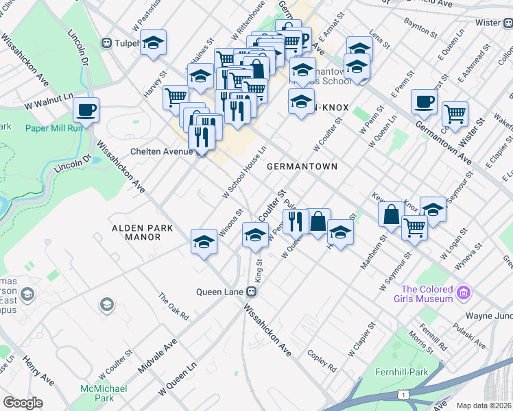 map of restaurants, bars, coffee shops, grocery stores, and more near 314 Earlham Terrace in Philadelphia