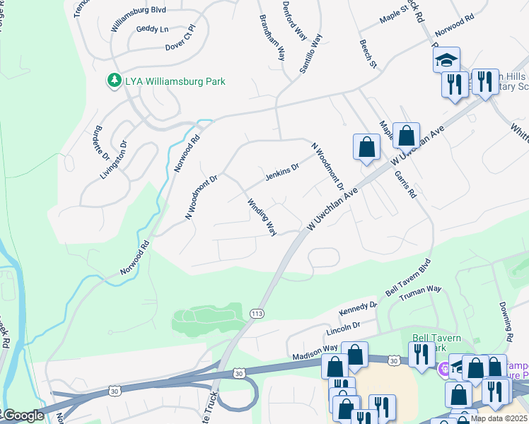 map of restaurants, bars, coffee shops, grocery stores, and more near 400 Winding Way in Downingtown