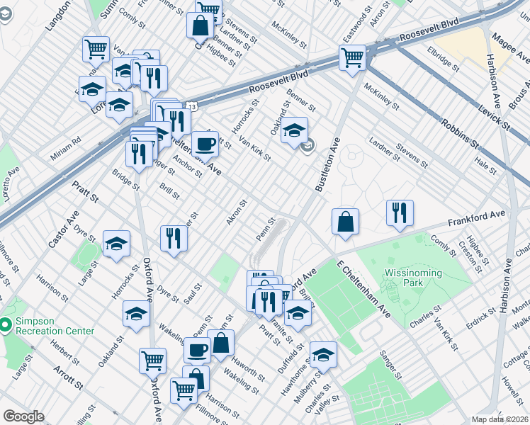 map of restaurants, bars, coffee shops, grocery stores, and more near 5425 Saul Street in Philadelphia