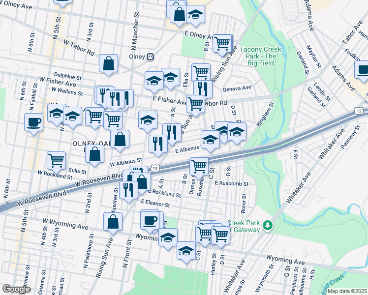 map of restaurants, bars, coffee shops, grocery stores, and more near 243 East Albanus Street in Philadelphia