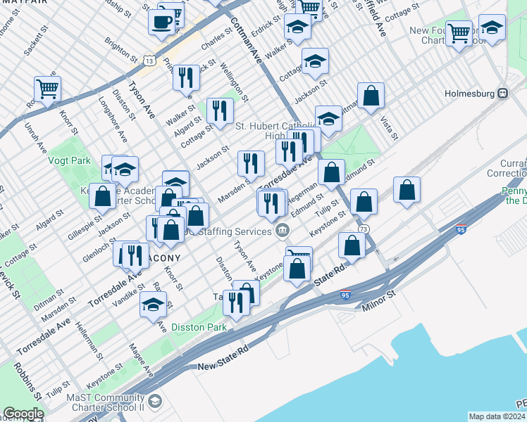 map of restaurants, bars, coffee shops, grocery stores, and more near 4722 Princeton Avenue in Philadelphia