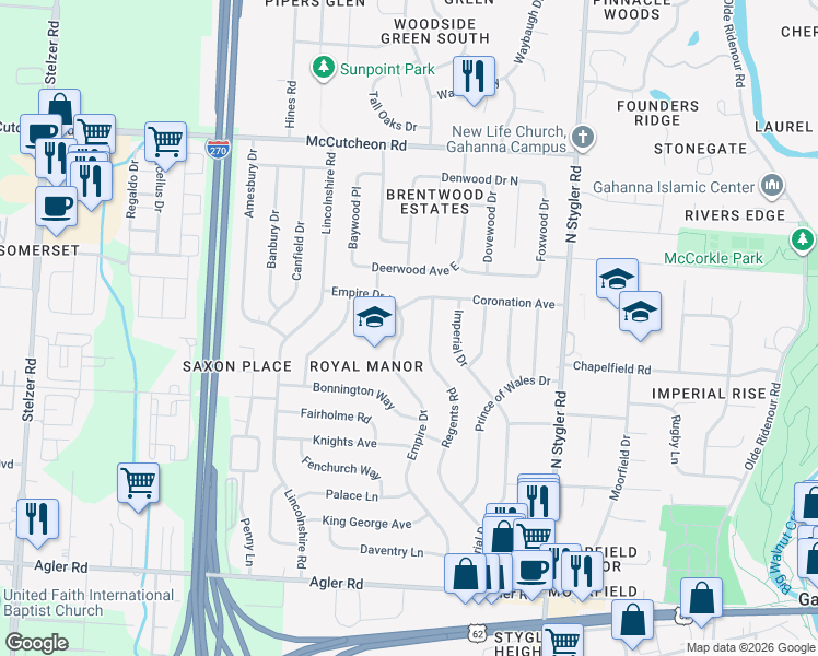 map of restaurants, bars, coffee shops, grocery stores, and more near 336 Empire Drive in Columbus