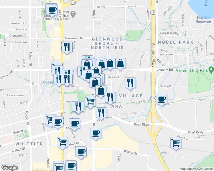 map of restaurants, bars, coffee shops, grocery stores, and more near 3129 Bluff Street in Boulder
