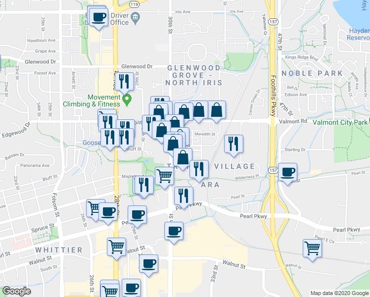 map of restaurants, bars, coffee shops, grocery stores, and more near 3129 Bluff Street in Boulder