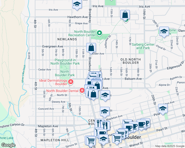 map of restaurants, bars, coffee shops, grocery stores, and more near 2832 Colorado 7 in Boulder
