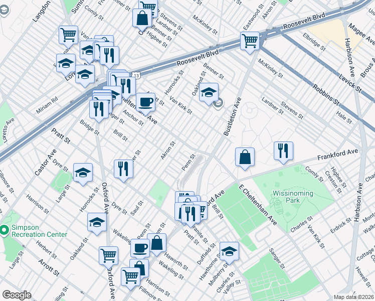 map of restaurants, bars, coffee shops, grocery stores, and more near 5425 Saul Street in Philadelphia