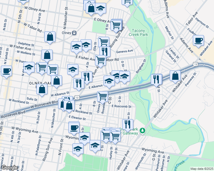 map of restaurants, bars, coffee shops, grocery stores, and more near 401 East Roosevelt Boulevard in Philadelphia