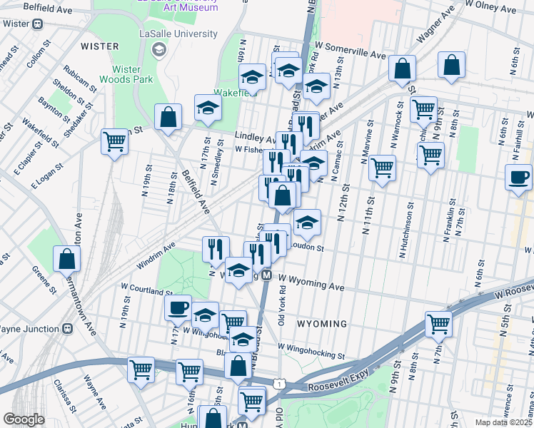 map of restaurants, bars, coffee shops, grocery stores, and more near 1428 West Rockland Street in Philadelphia