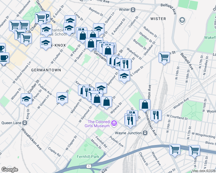 map of restaurants, bars, coffee shops, grocery stores, and more near 4935 Greene Street in Philadelphia