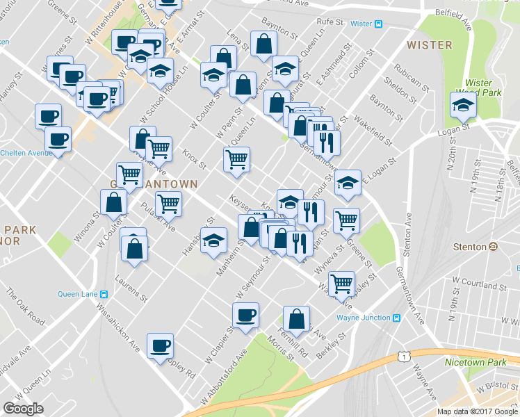 map of restaurants, bars, coffee shops, grocery stores, and more near in Philadelphia