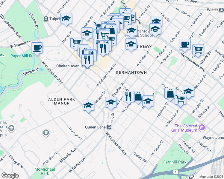 map of restaurants, bars, coffee shops, grocery stores, and more near 314 Earlham Terrace in Philadelphia