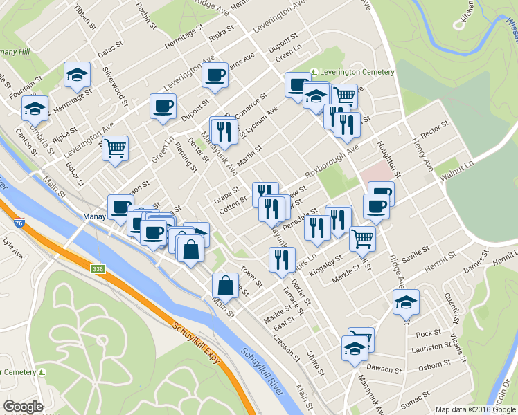 map of restaurants, bars, coffee shops, grocery stores, and more near 309 Roxborough Avenue in Philadelphia