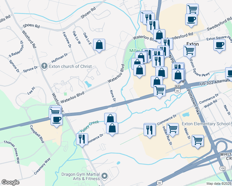 map of restaurants, bars, coffee shops, grocery stores, and more near 352 Waterloo Boulevard in Exton