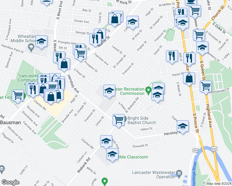 map of restaurants, bars, coffee shops, grocery stores, and more near 901 Union Street in Lancaster
