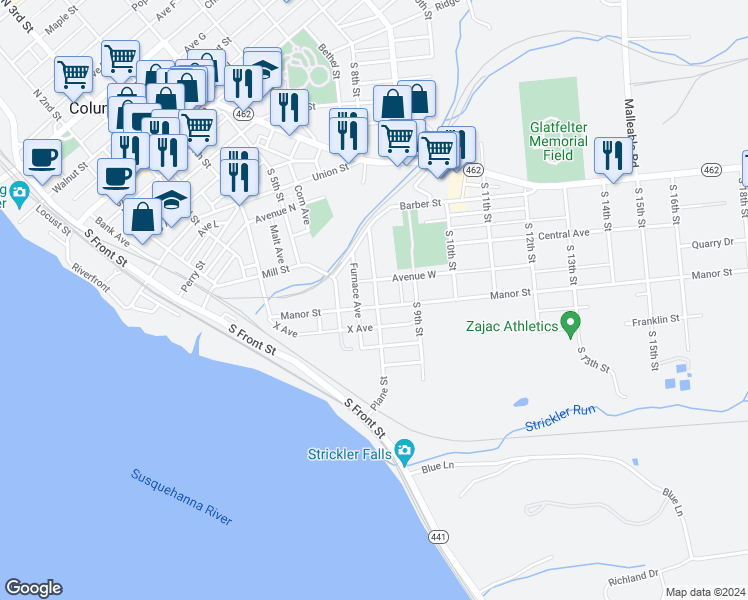 map of restaurants, bars, coffee shops, grocery stores, and more near 665 Plane Street in Columbia