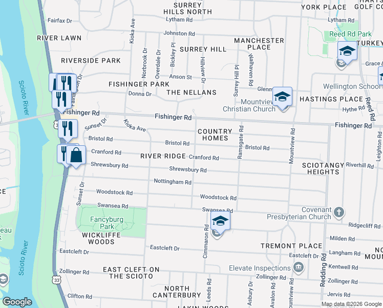 map of restaurants, bars, coffee shops, grocery stores, and more near 2454 Cranford Road in Columbus
