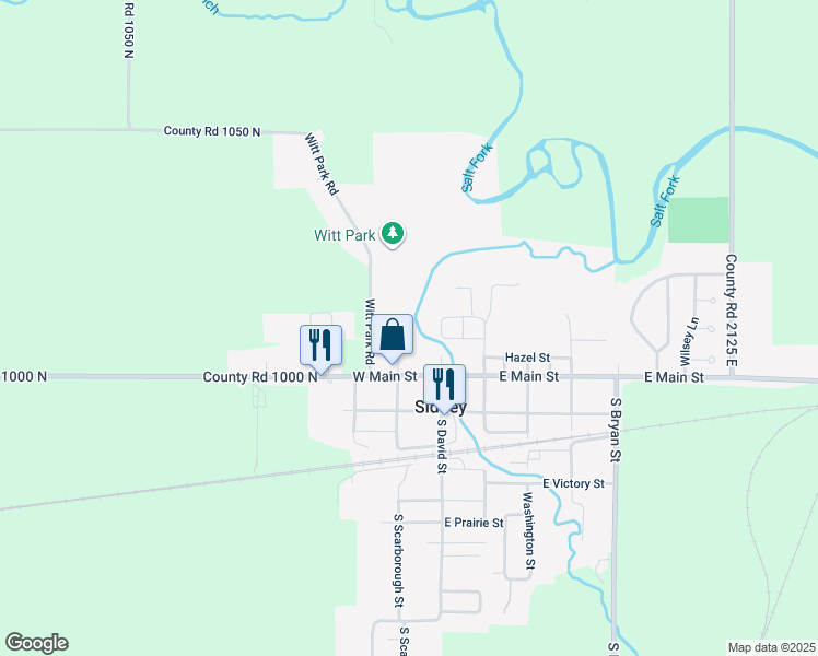 map of restaurants, bars, coffee shops, grocery stores, and more near 203 South David Street in Sidney