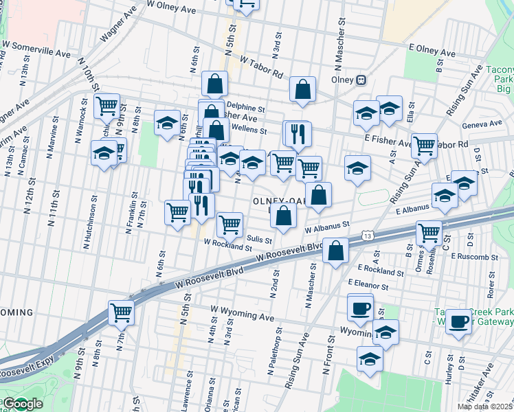map of restaurants, bars, coffee shops, grocery stores, and more near 244 West Ashdale Street in Philadelphia