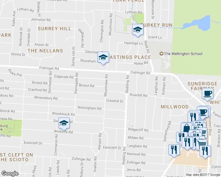 map of restaurants, bars, coffee shops, grocery stores, and more near 2144 Riverhill Road in Columbus