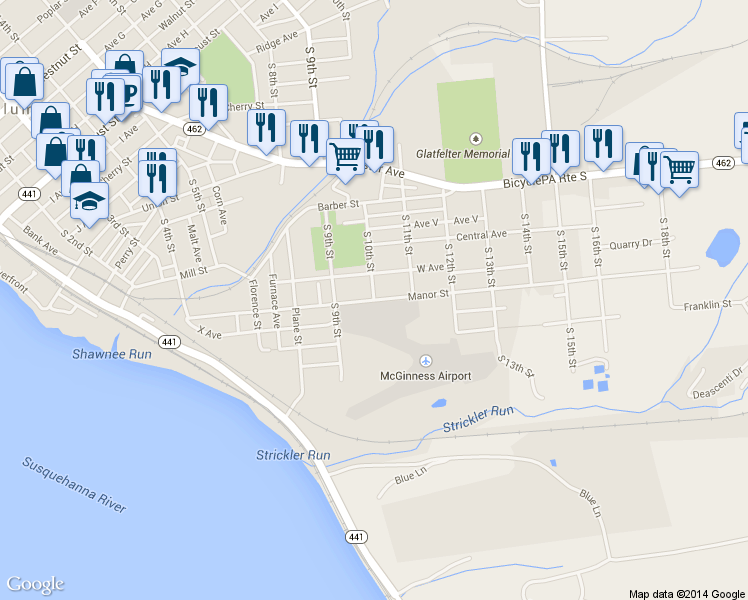 map of restaurants, bars, coffee shops, grocery stores, and more near Manor St & S 10th St in Columbia