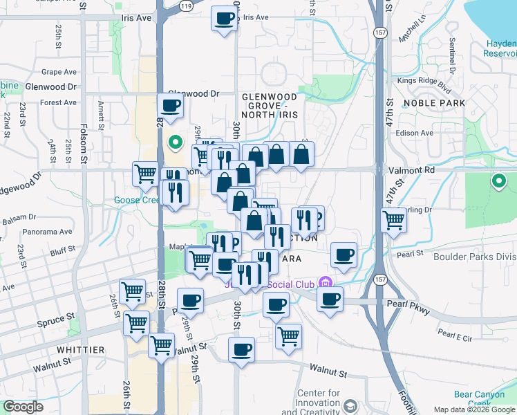 map of restaurants, bars, coffee shops, grocery stores, and more near 3101 Iron Forge Place in Boulder