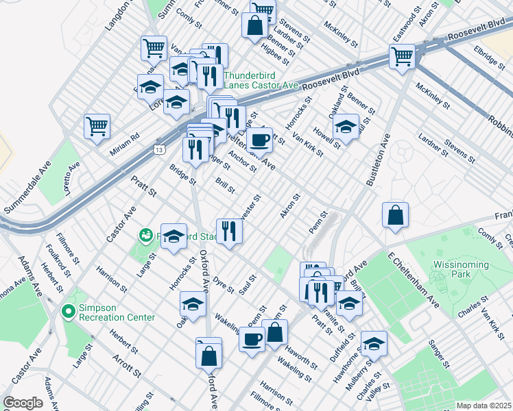 map of restaurants, bars, coffee shops, grocery stores, and more near 5333 Sylvester Street in Philadelphia