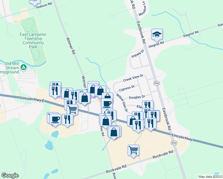 map of restaurants, bars, coffee shops, grocery stores, and more near 2411 Creek View Dr in Lancaster