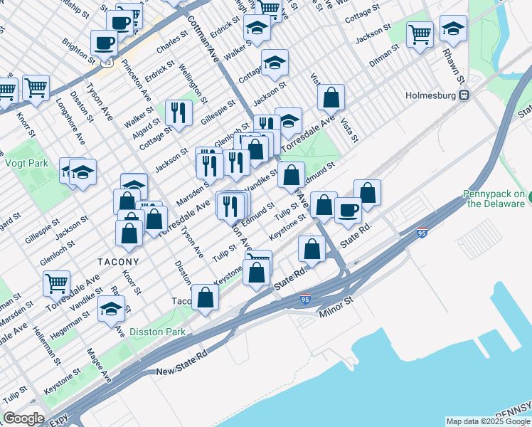 map of restaurants, bars, coffee shops, grocery stores, and more near 7147 Edmund Street in Philadelphia