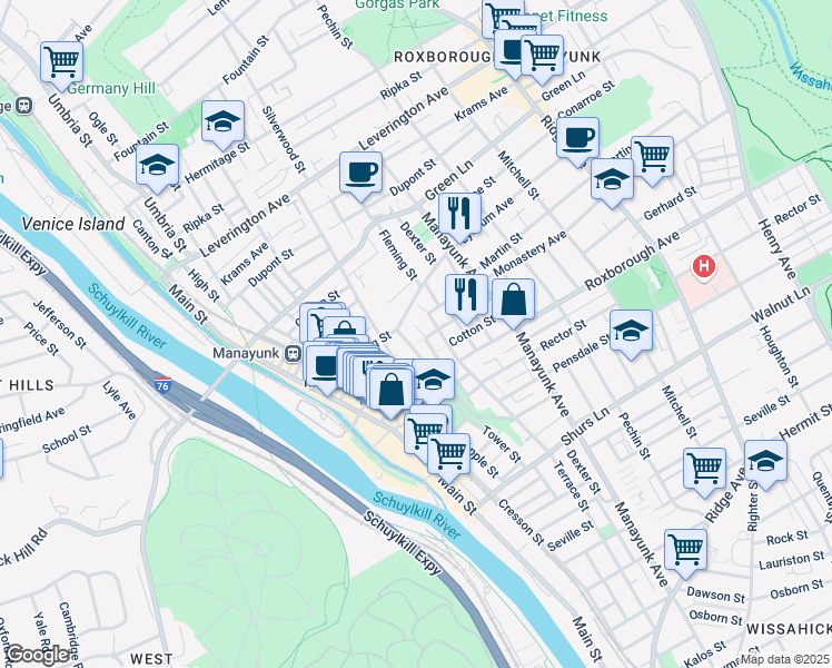 map of restaurants, bars, coffee shops, grocery stores, and more near 4344 Boone Street in Philadelphia