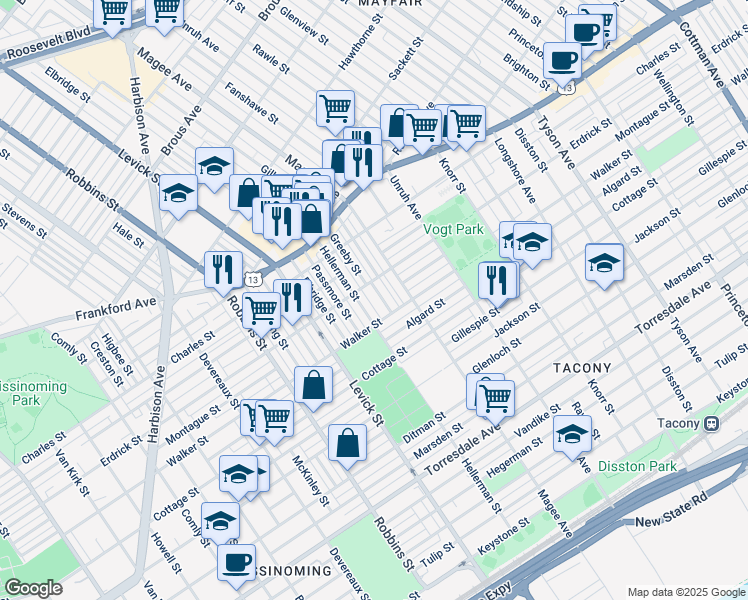 map of restaurants, bars, coffee shops, grocery stores, and more near 4220 Greeby Street in Philadelphia