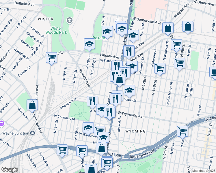 map of restaurants, bars, coffee shops, grocery stores, and more near 1428 West Rockland Street in Philadelphia