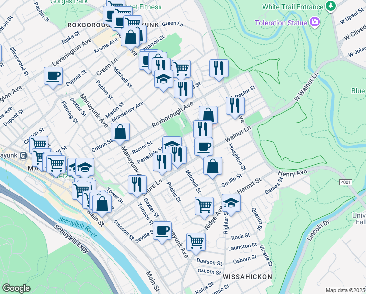 map of restaurants, bars, coffee shops, grocery stores, and more near 4132 Merrick Street in Philadelphia