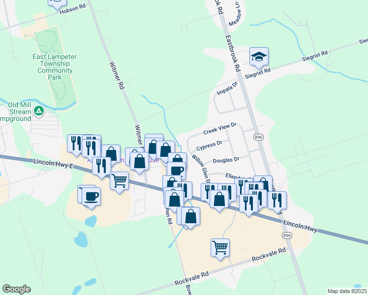 map of restaurants, bars, coffee shops, grocery stores, and more near 2411 Creek View Dr in Lancaster