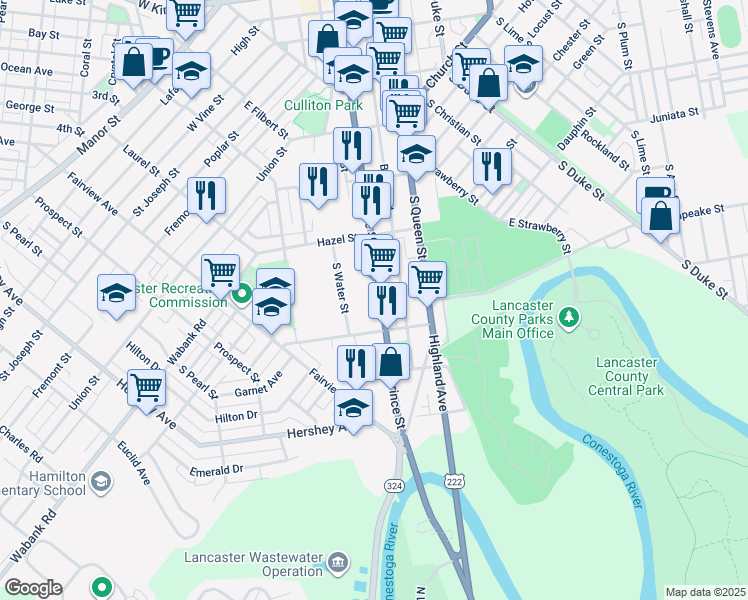 map of restaurants, bars, coffee shops, grocery stores, and more near 612 S Prince St in Lancaster