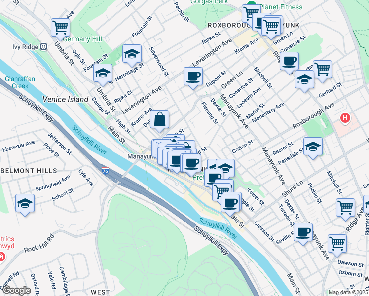 map of restaurants, bars, coffee shops, grocery stores, and more near 152 Gay Street in Philadelphia