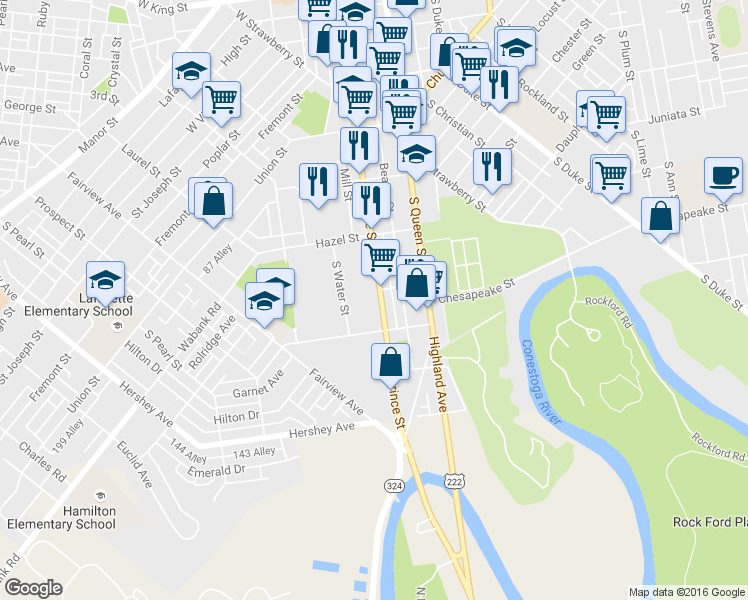 map of restaurants, bars, coffee shops, grocery stores, and more near 612 S Prince St in Lancaster