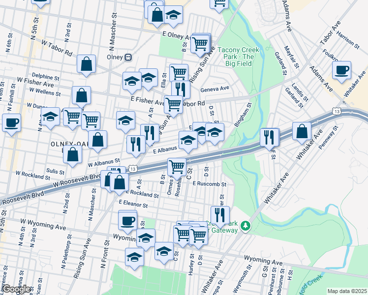 map of restaurants, bars, coffee shops, grocery stores, and more near 5124 C Street in Philadelphia