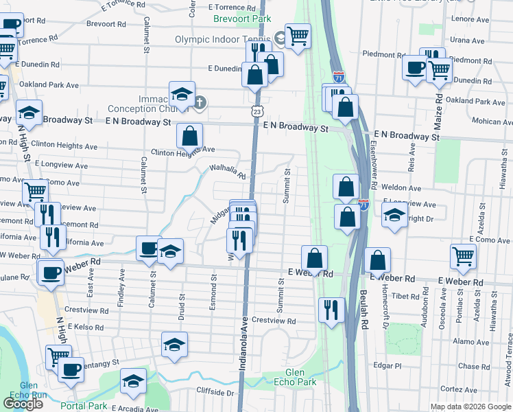 map of restaurants, bars, coffee shops, grocery stores, and more near 3120 Indianola Ave in Columbus