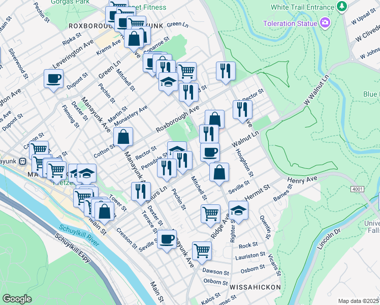 map of restaurants, bars, coffee shops, grocery stores, and more near 4132 Merrick Street in Philadelphia
