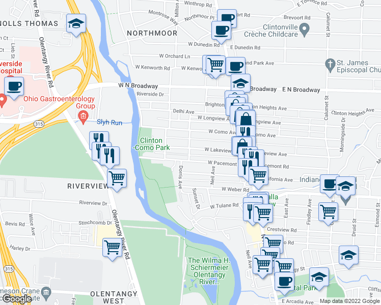 map of restaurants, bars, coffee shops, grocery stores, and more near 163 West Lakeview Avenue in Columbus