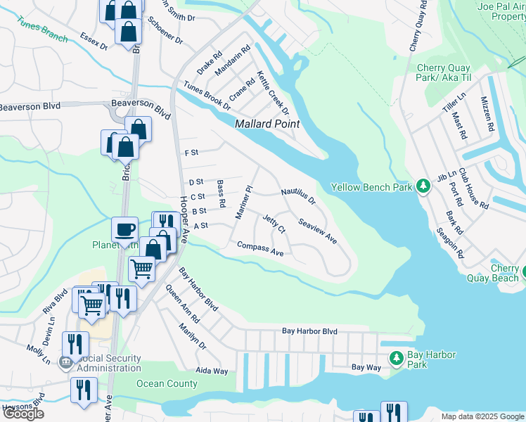map of restaurants, bars, coffee shops, grocery stores, and more near 9 Jetty Court in Brick