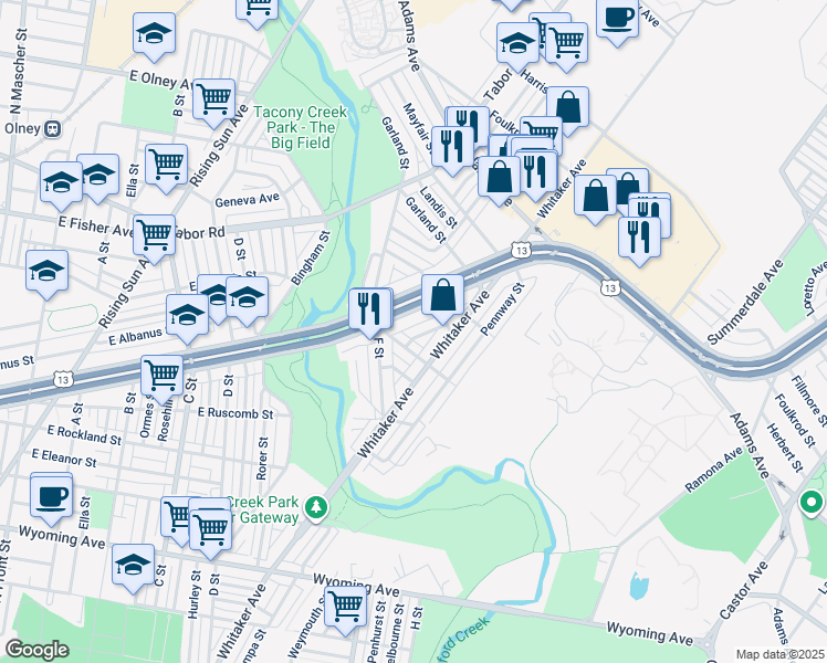 map of restaurants, bars, coffee shops, grocery stores, and more near 5120 Mebus Street in Philadelphia
